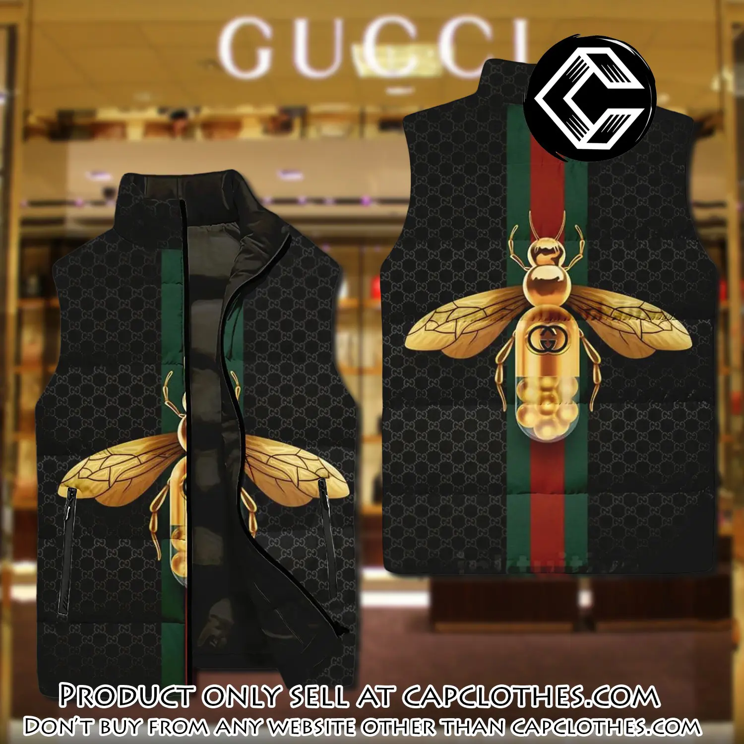 Gucci bee black luxury brand 3d sleeveless down jacket cc0608707